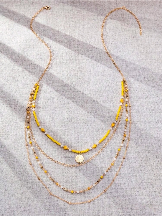 non applicable Jewelry - Gold Multi-Layer Necklace with Yellow Beads - Women Jewelry